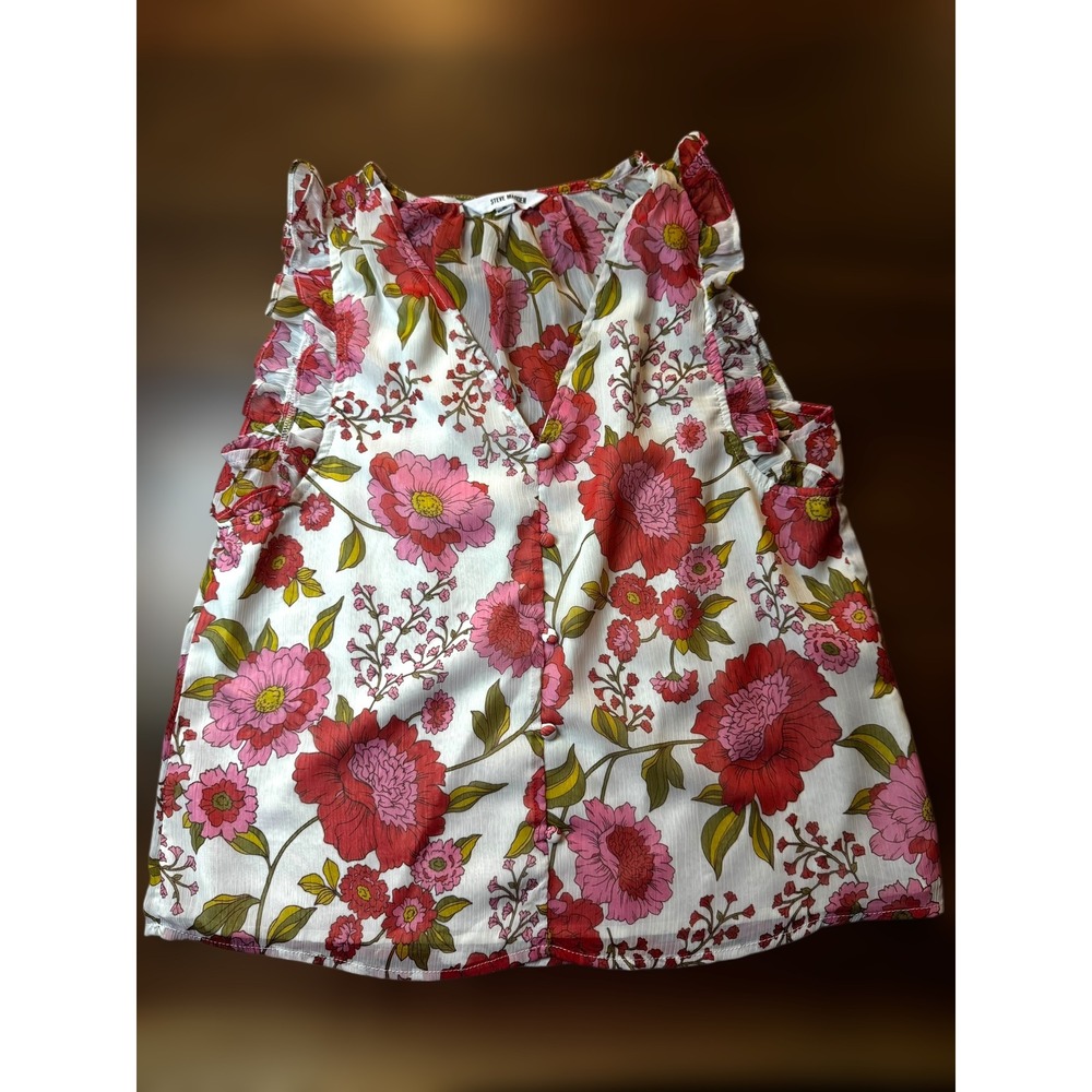 Steve Madden‎ Floral Ruffle Sleeve V-Neck Blouse Top Pink Red White Sheer Womens